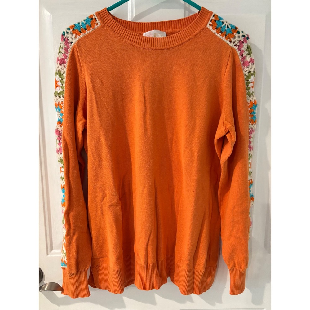 Belle by Kim Gravel Orange Crochet Sleeve Granny Square Sweater Womens Large